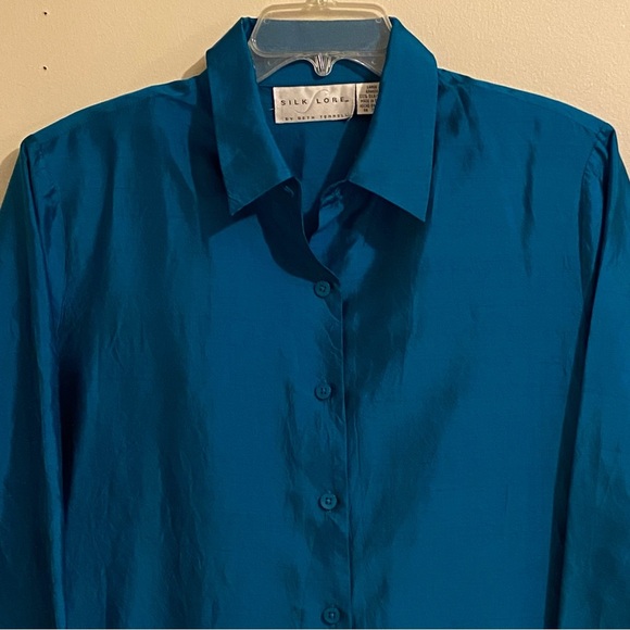 Silk Lore Button Up Shirt Size L 100% Silk Long Sleeve Embroidered Blouse - Picture 3 of 12
